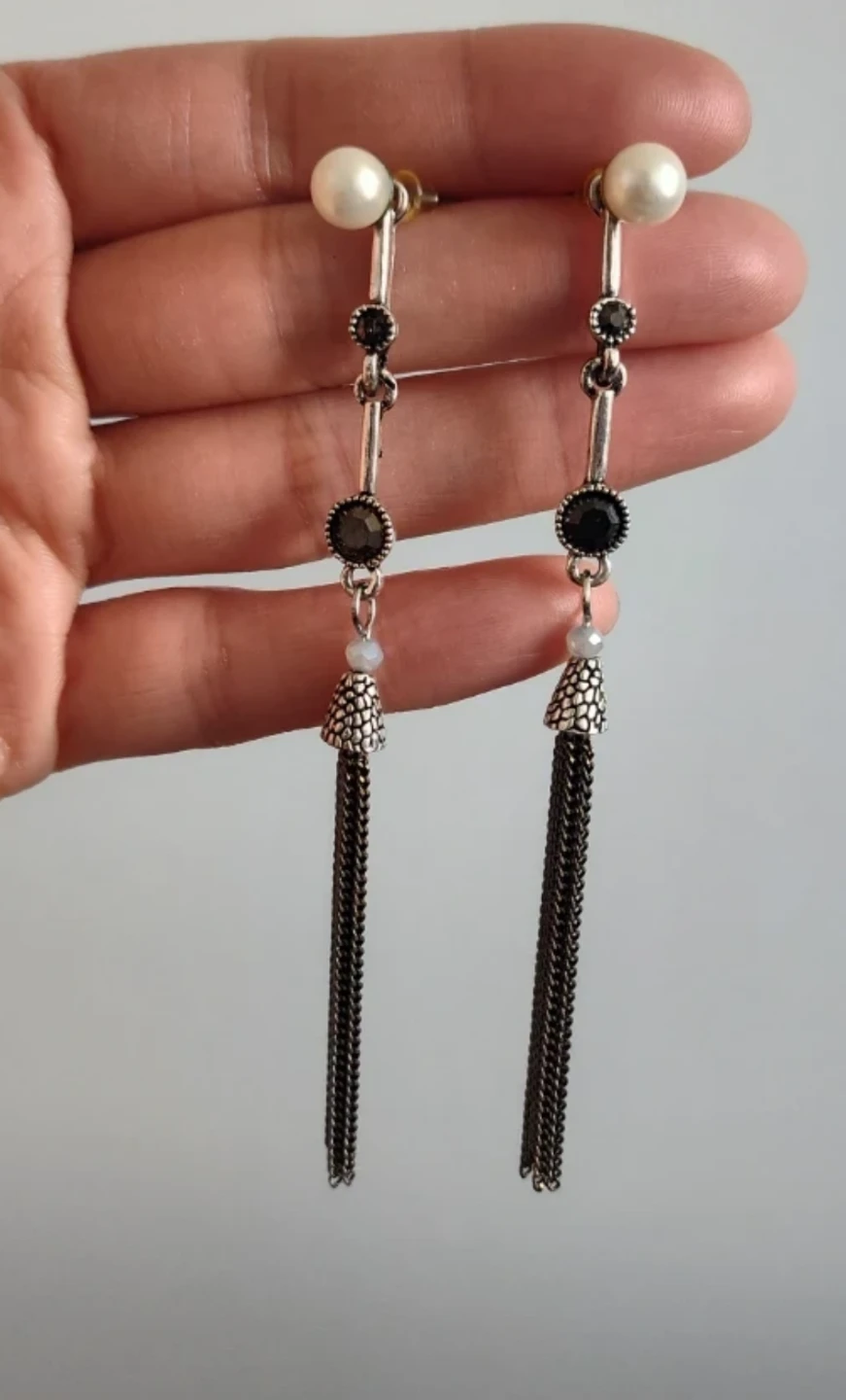 Silver-tone Dangly Tassel Earrings with Pearl Studs