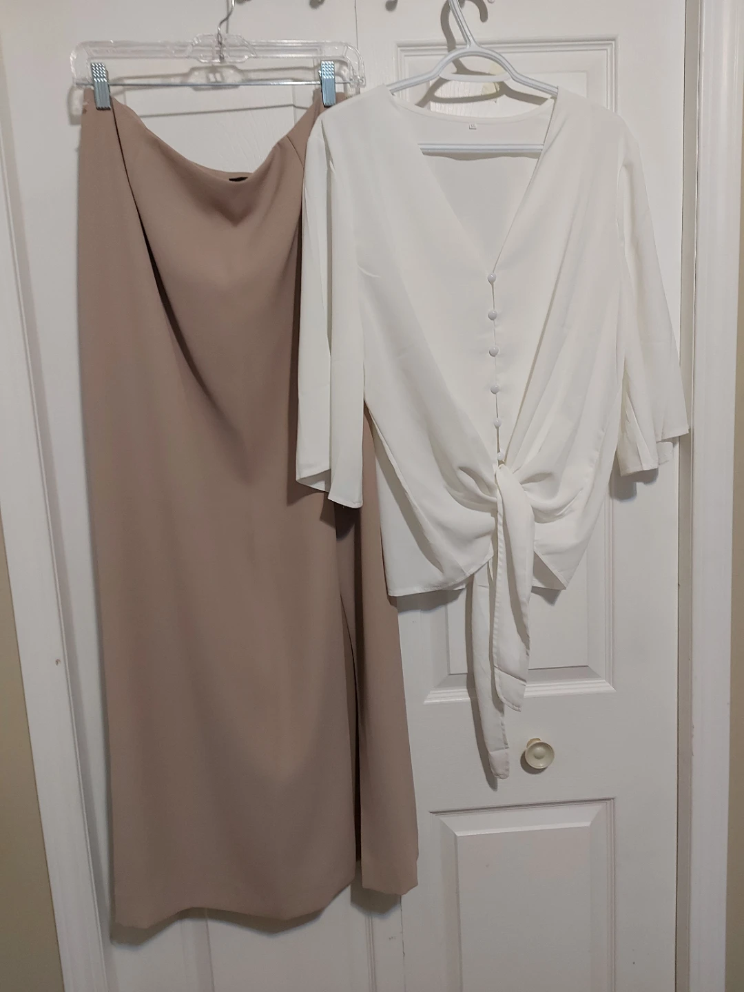 White V-Neck Tie Front Blouse & Taupe Maxi Skirt Set - photo 2