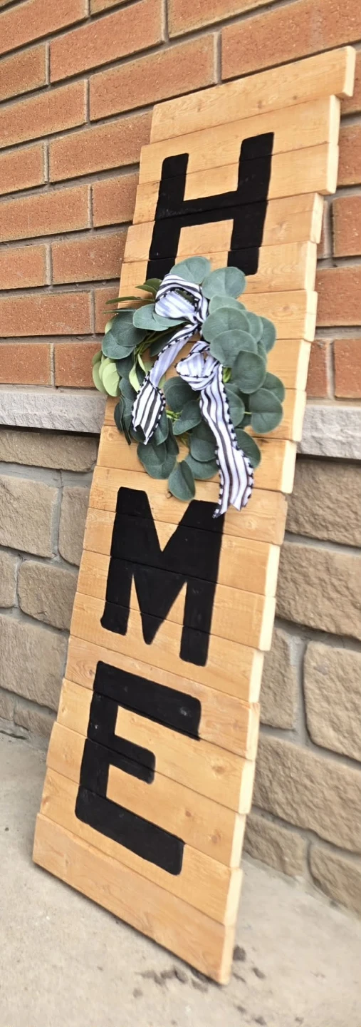 Wooden HOME porch sign with wreath