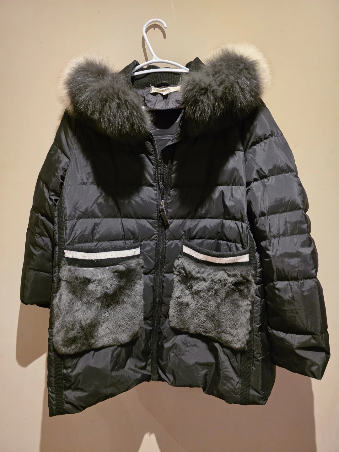 Black Puffer Coat with Fur Trim