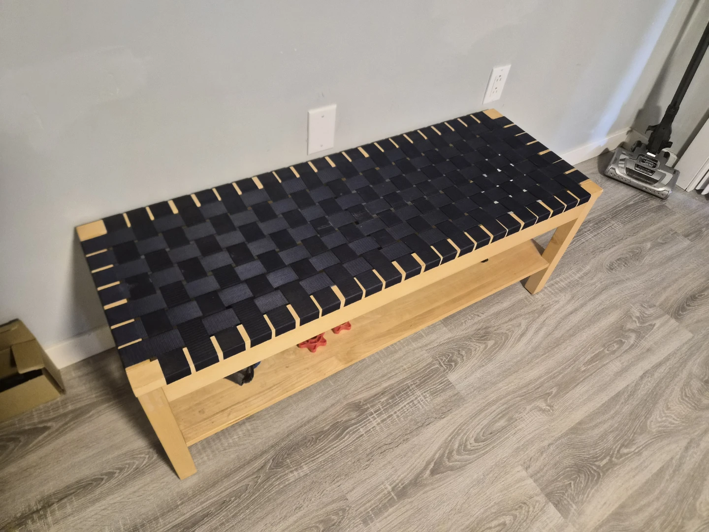Wooden Bench with Woven Seat and Shelf
