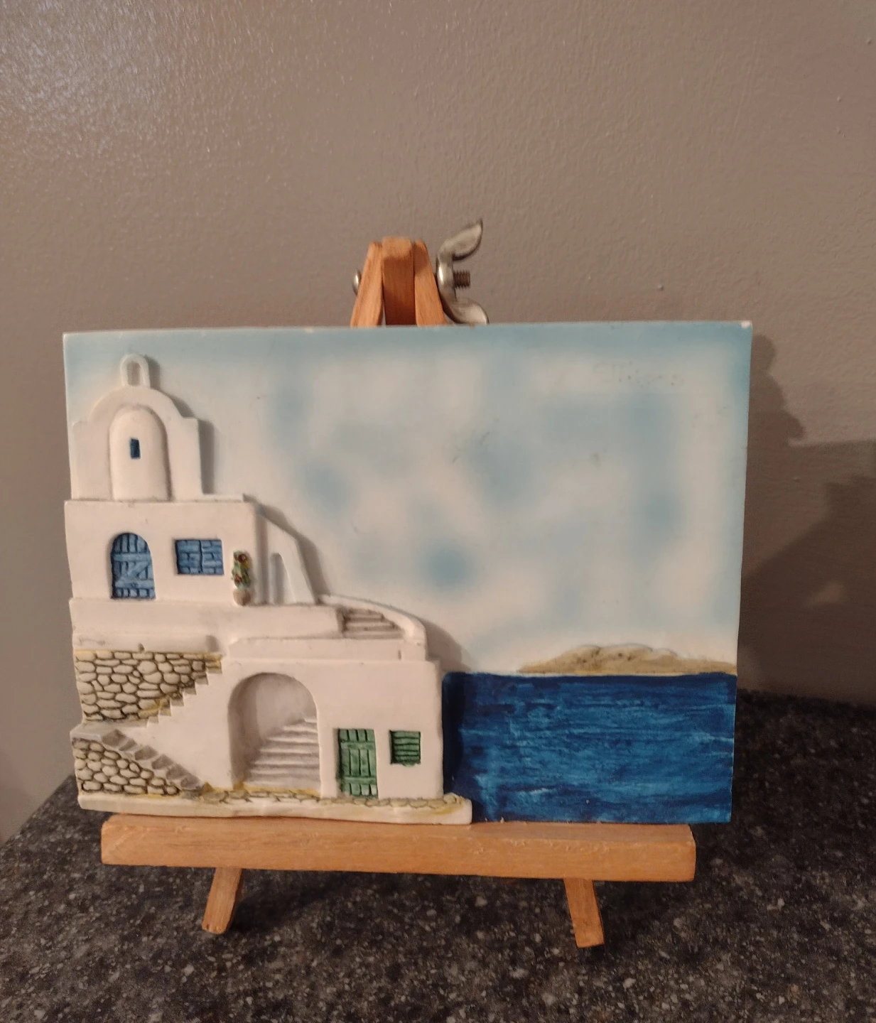 3D Santorini Art on a Wooden Easel.