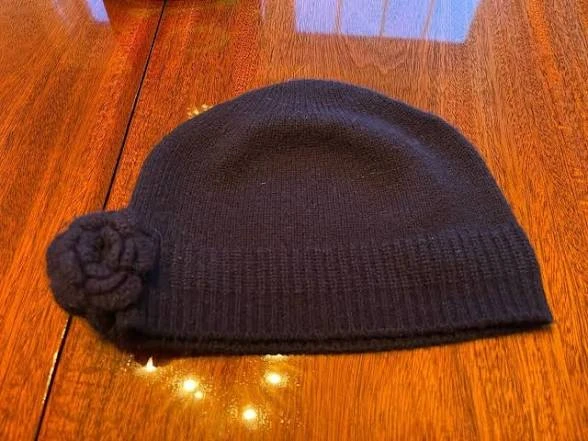 Navy Blue Knit Beanie with Flower Accent