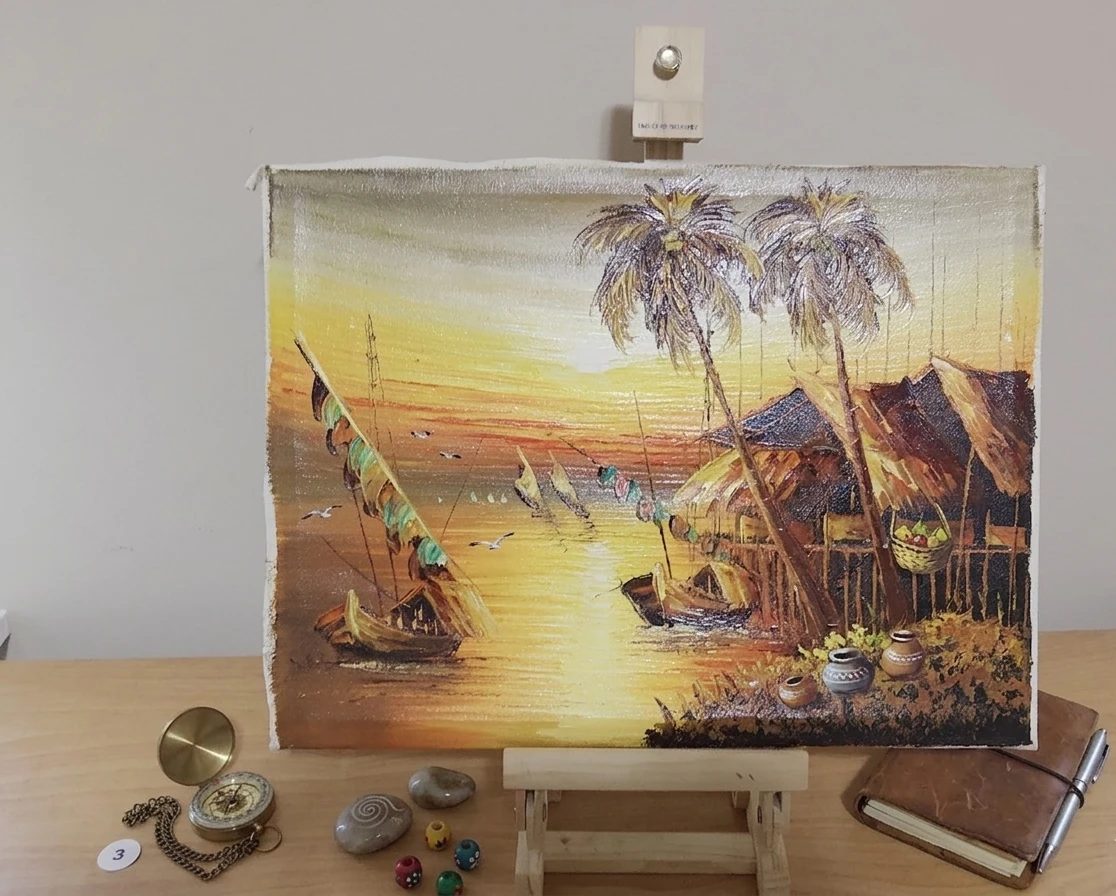 Original Canvas Painting of a Tropical Sunset with Boats