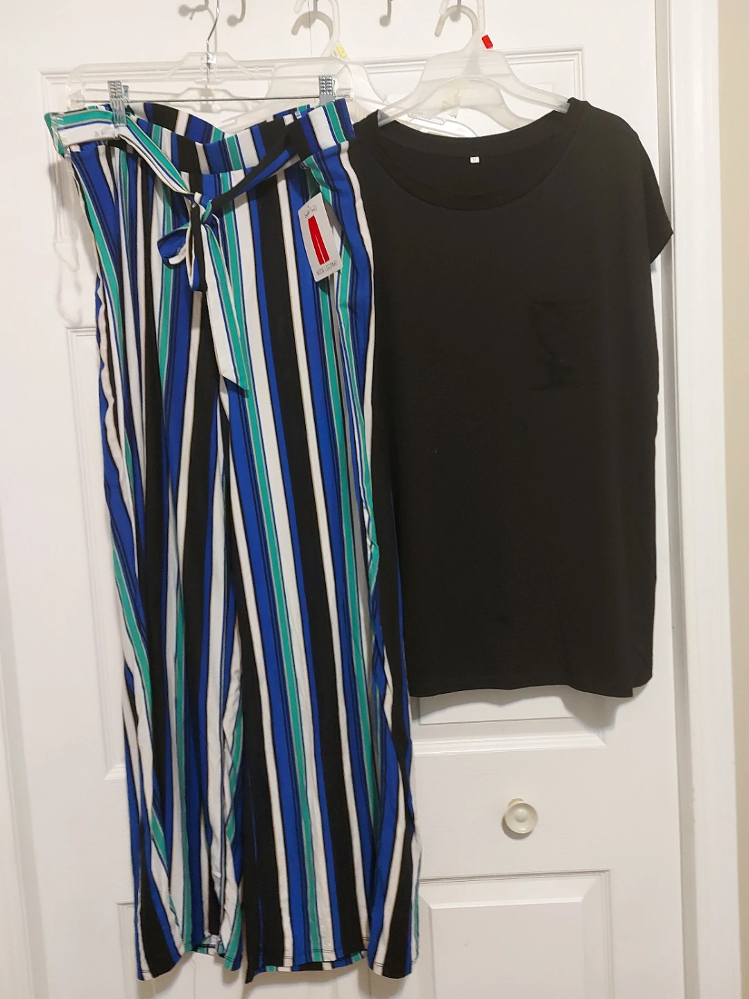 Striped Wide-Leg Pants and Black T-Shirt Set