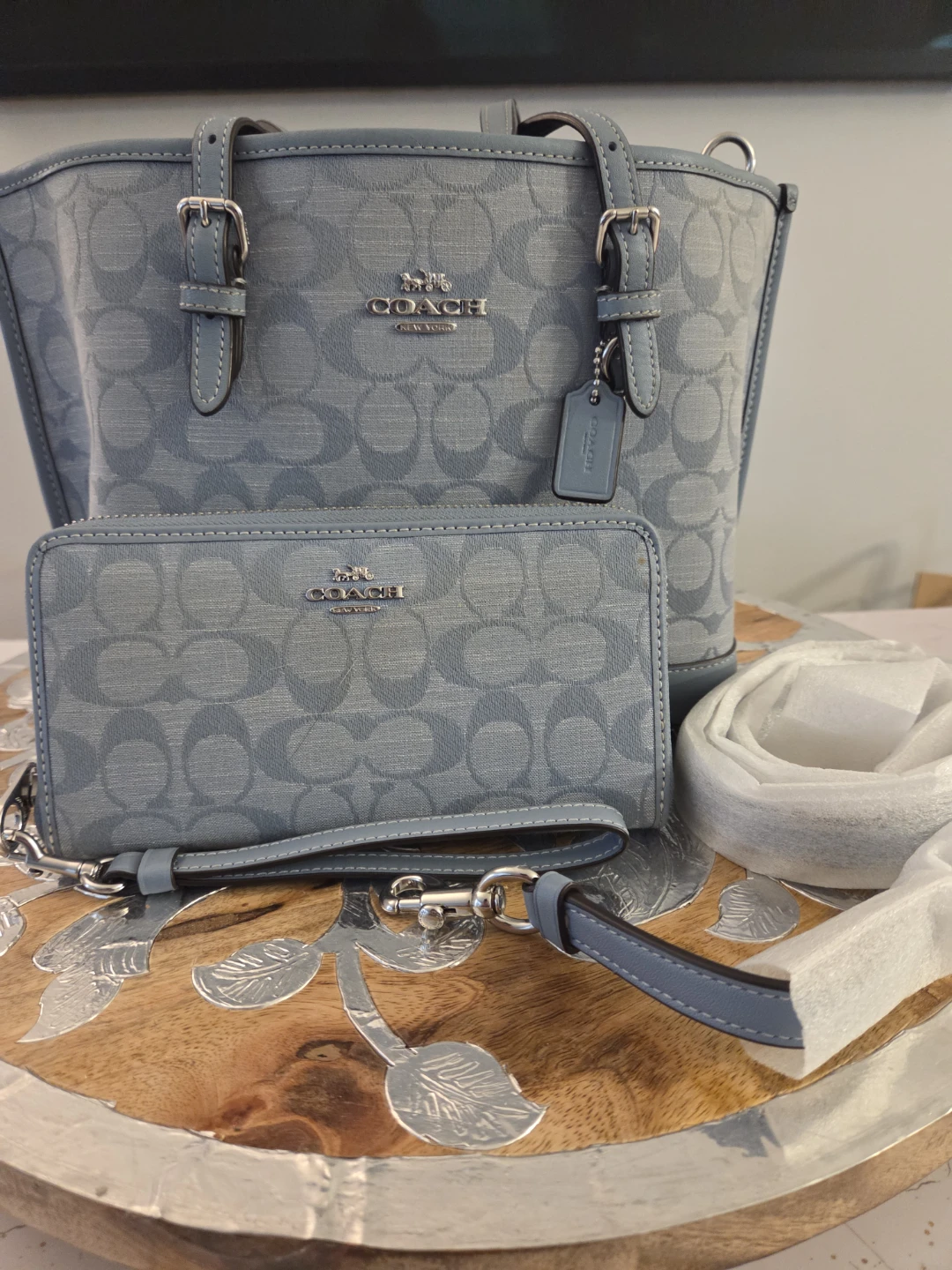 Coach Blue Molly Tote 25 with Matching Wallet