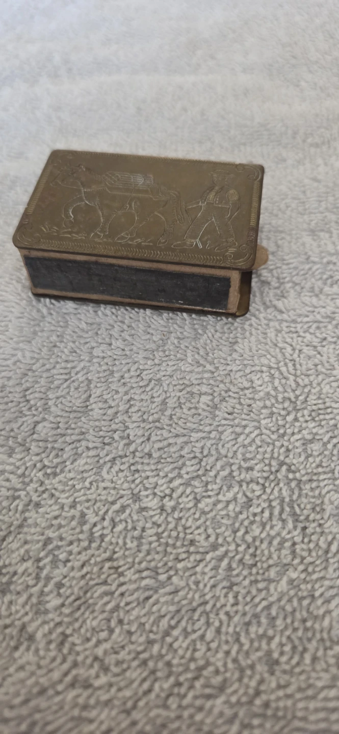 Vintage Embossed Brass Matchbox Holder with Matches