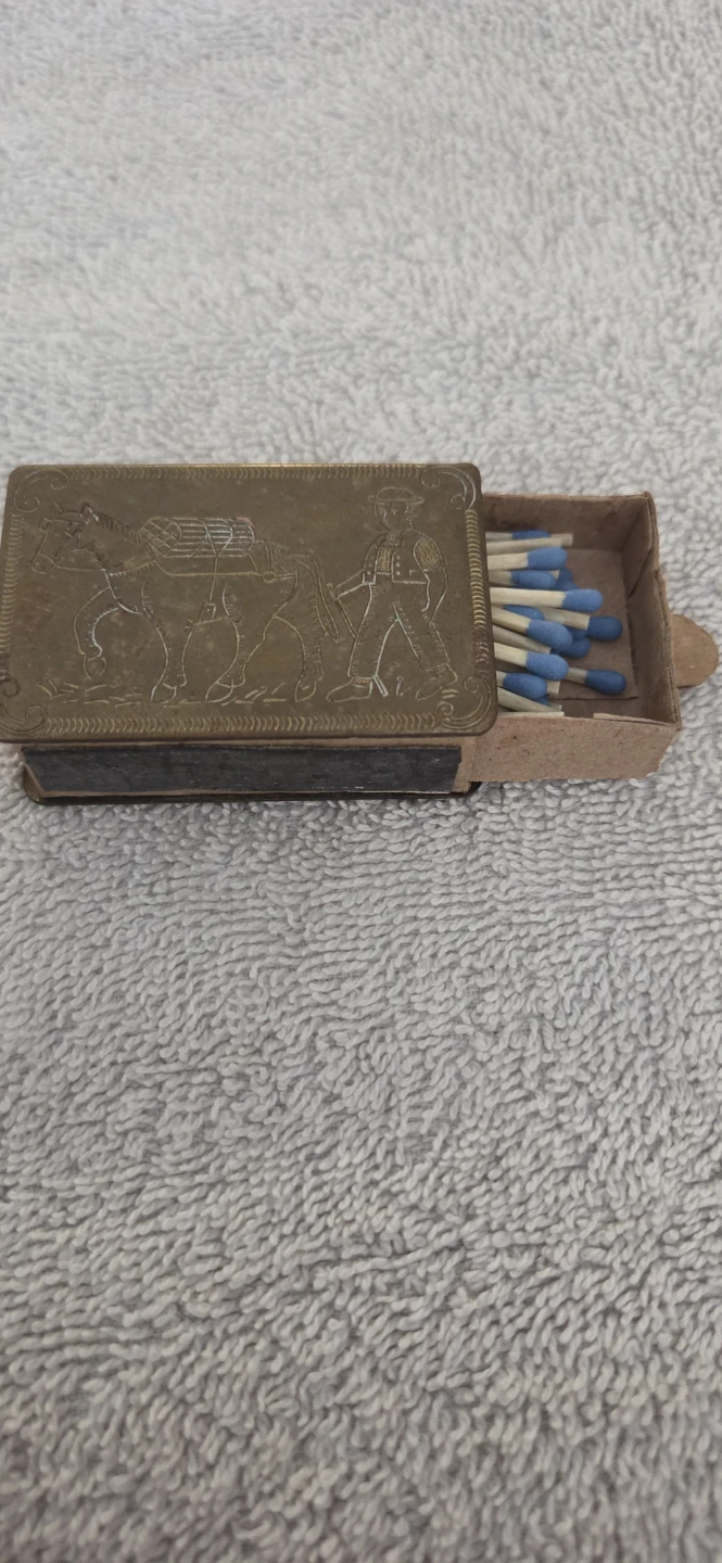 Vintage Embossed Brass Matchbox Holder with Matches - photo 2