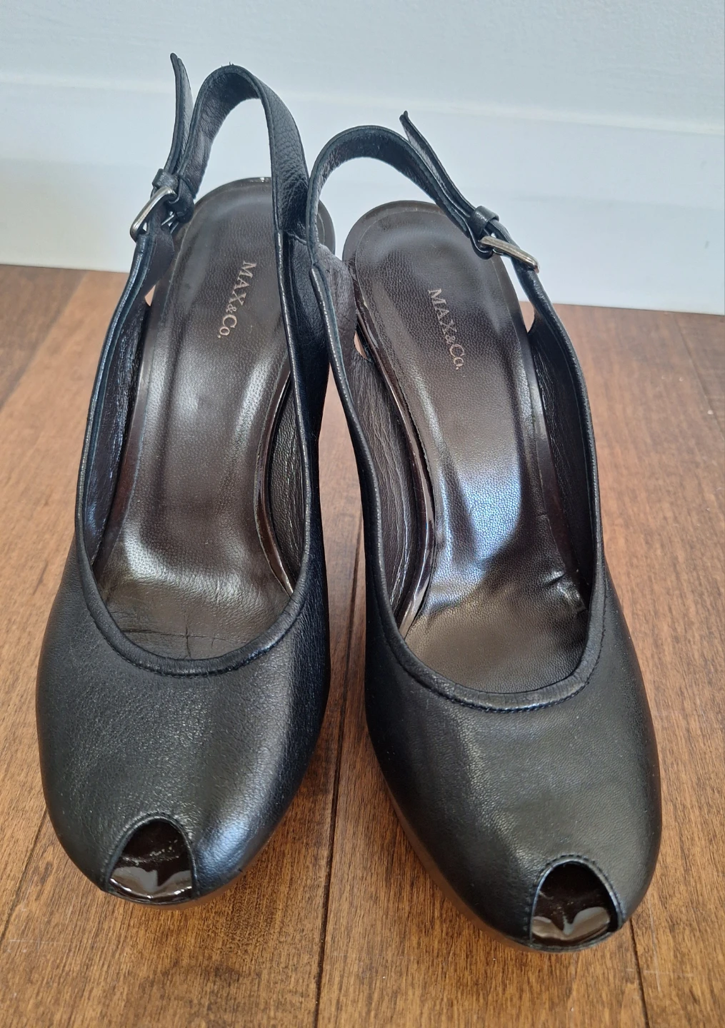 MAX&Co. Black Peep-Toe Wedge Slingbacks