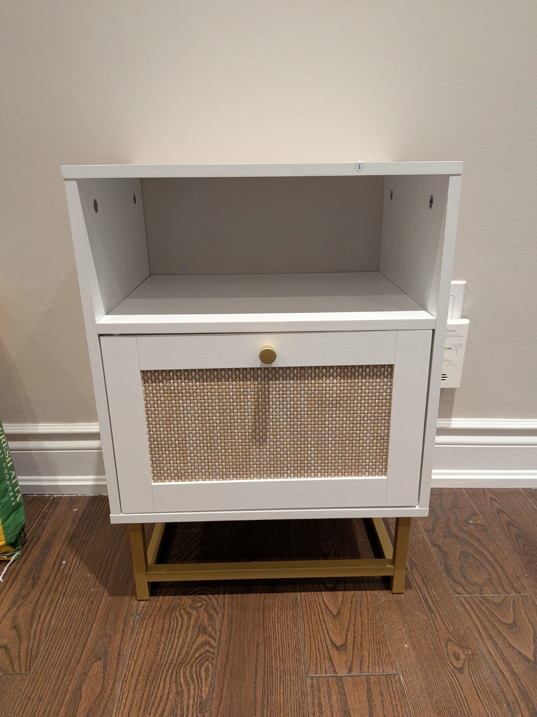 White Nightstand with Rattan Drawer and Gold Legs
