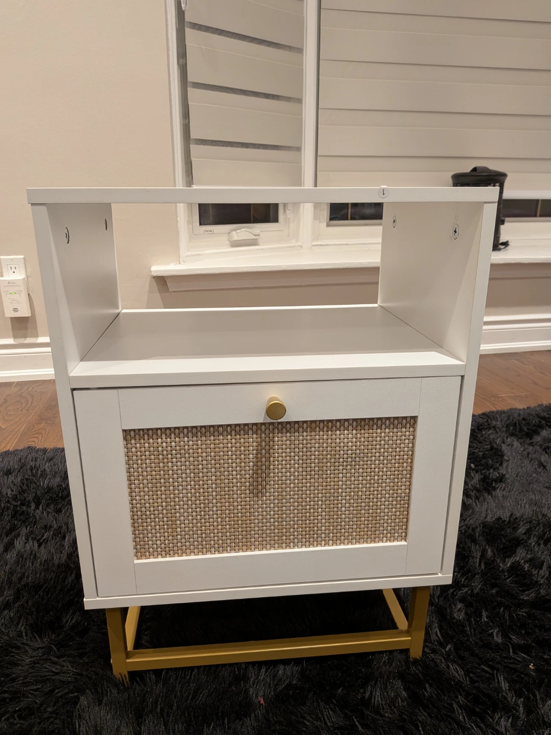 White Nightstand with Rattan Drawer and Gold Legs - photo 3