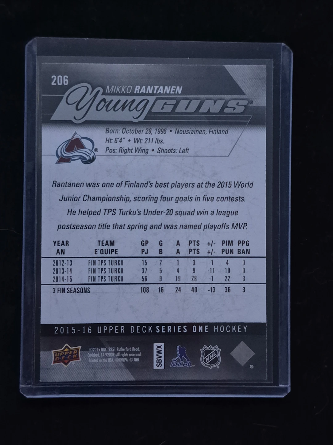 2015-16 Upper Deck Mikko Rantanen Young Guns Rookie Card - photo 2