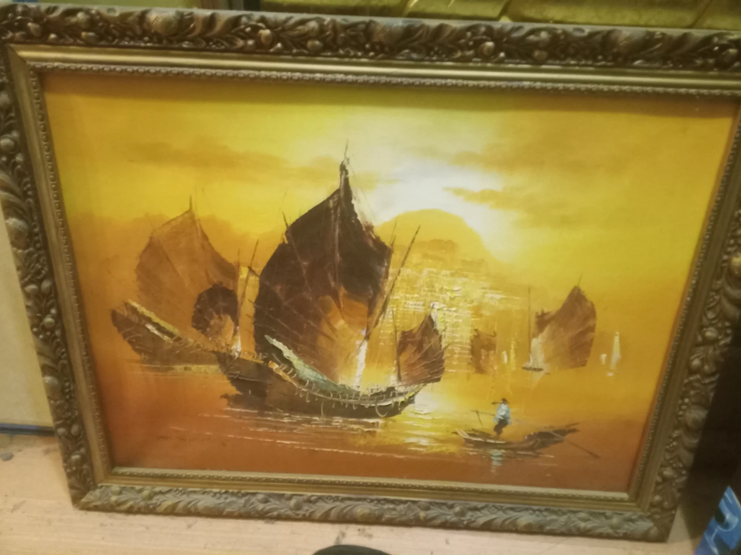 Framed Vintage Painting of Sailing Ships at Hong Kong harbor