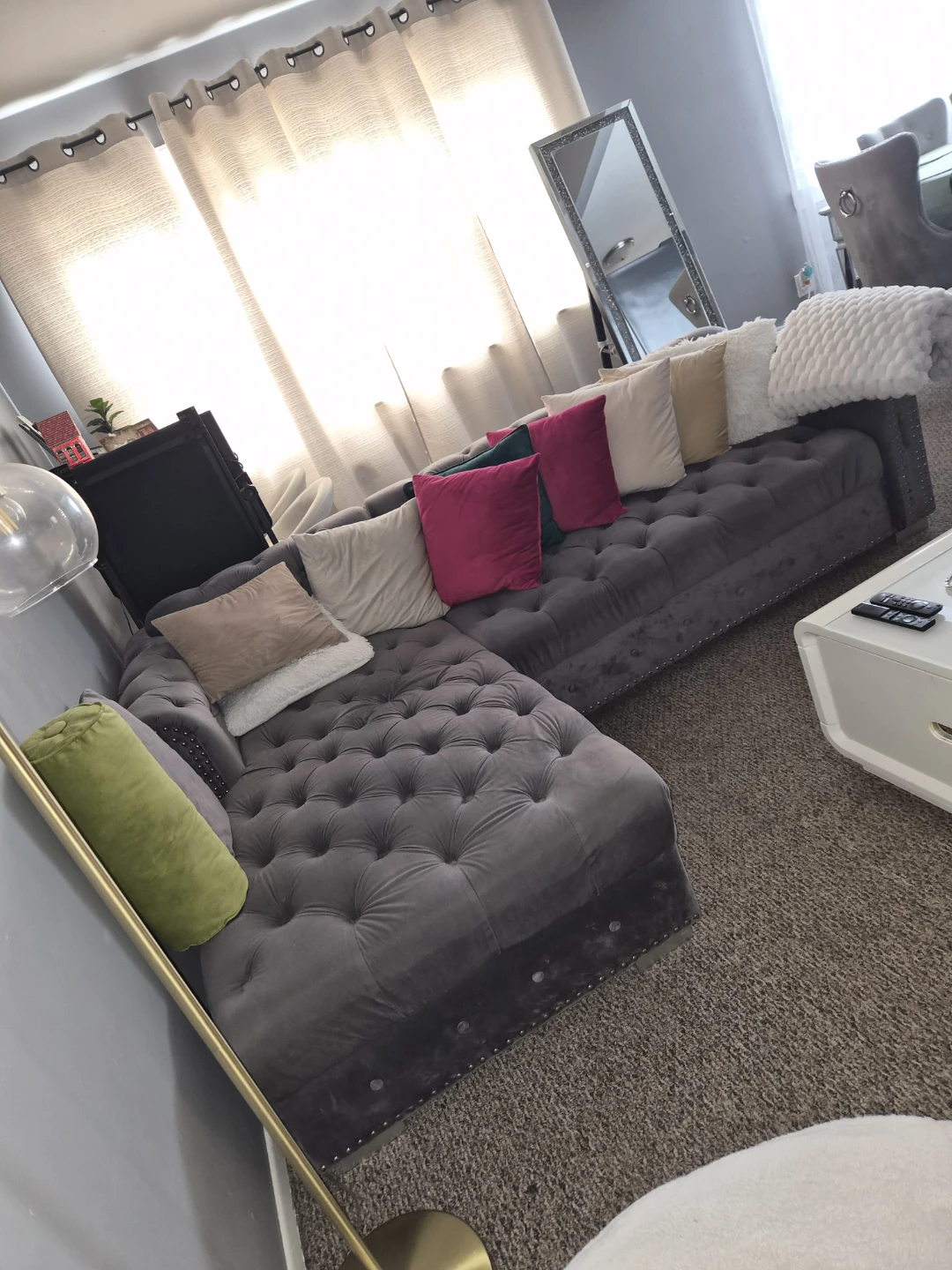 Gray Velvet Sectional Sofa with Chaise