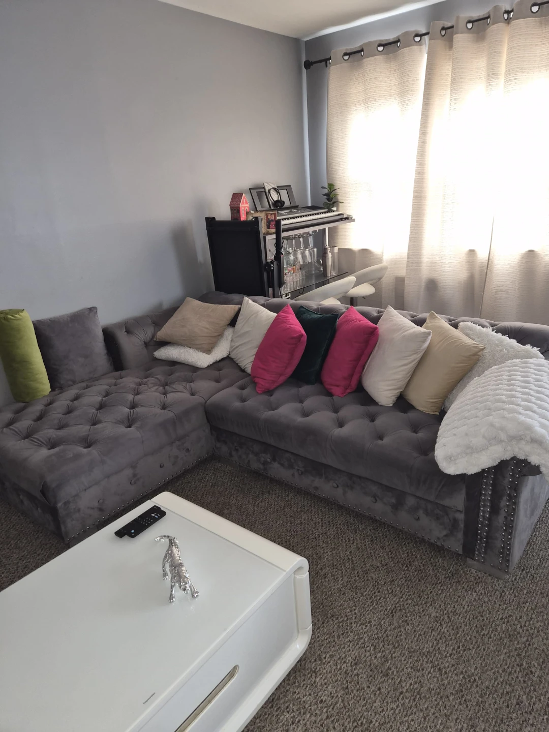 Gray Velvet Sectional Sofa with Chaise - photo 2