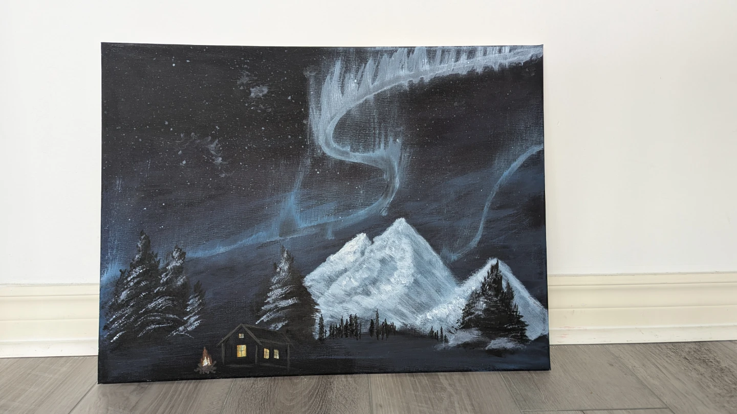 Large Original Winter Aurora Borealis Landscape Painting 🌱
