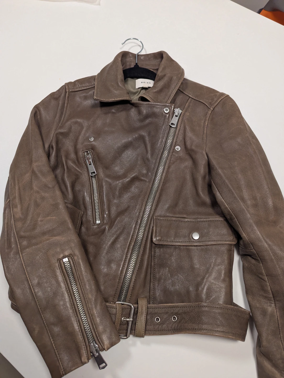 REISS Brown Leather Biker Jacket - Women's UK 10