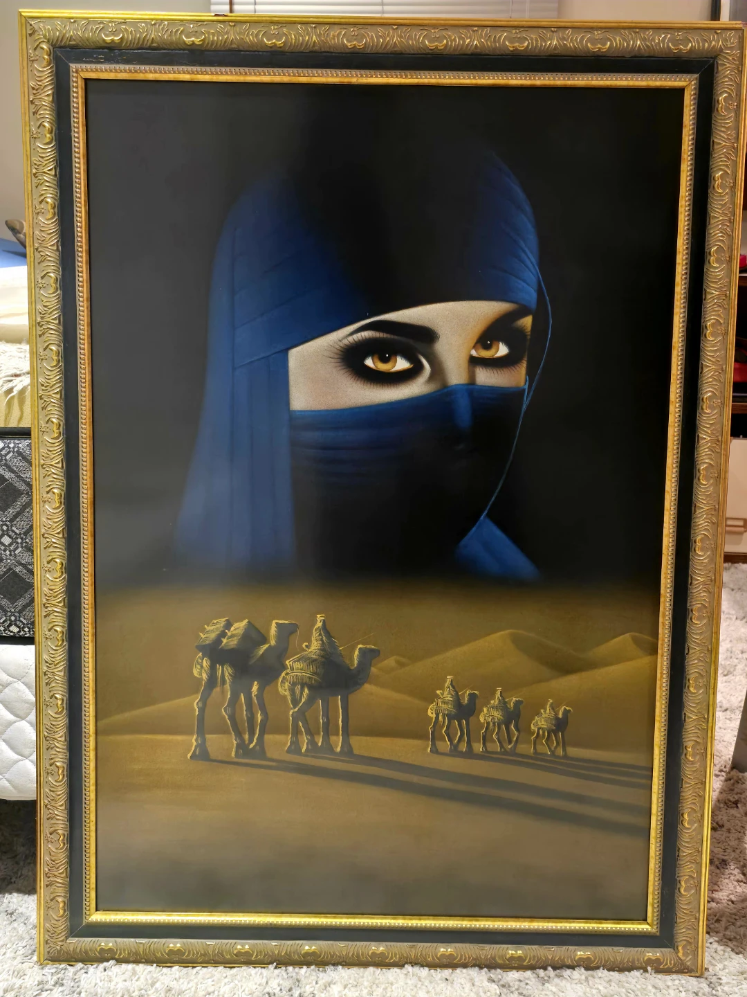 Framed Painting of Woman in Blue Veil and Desert Caravan - photo 4
