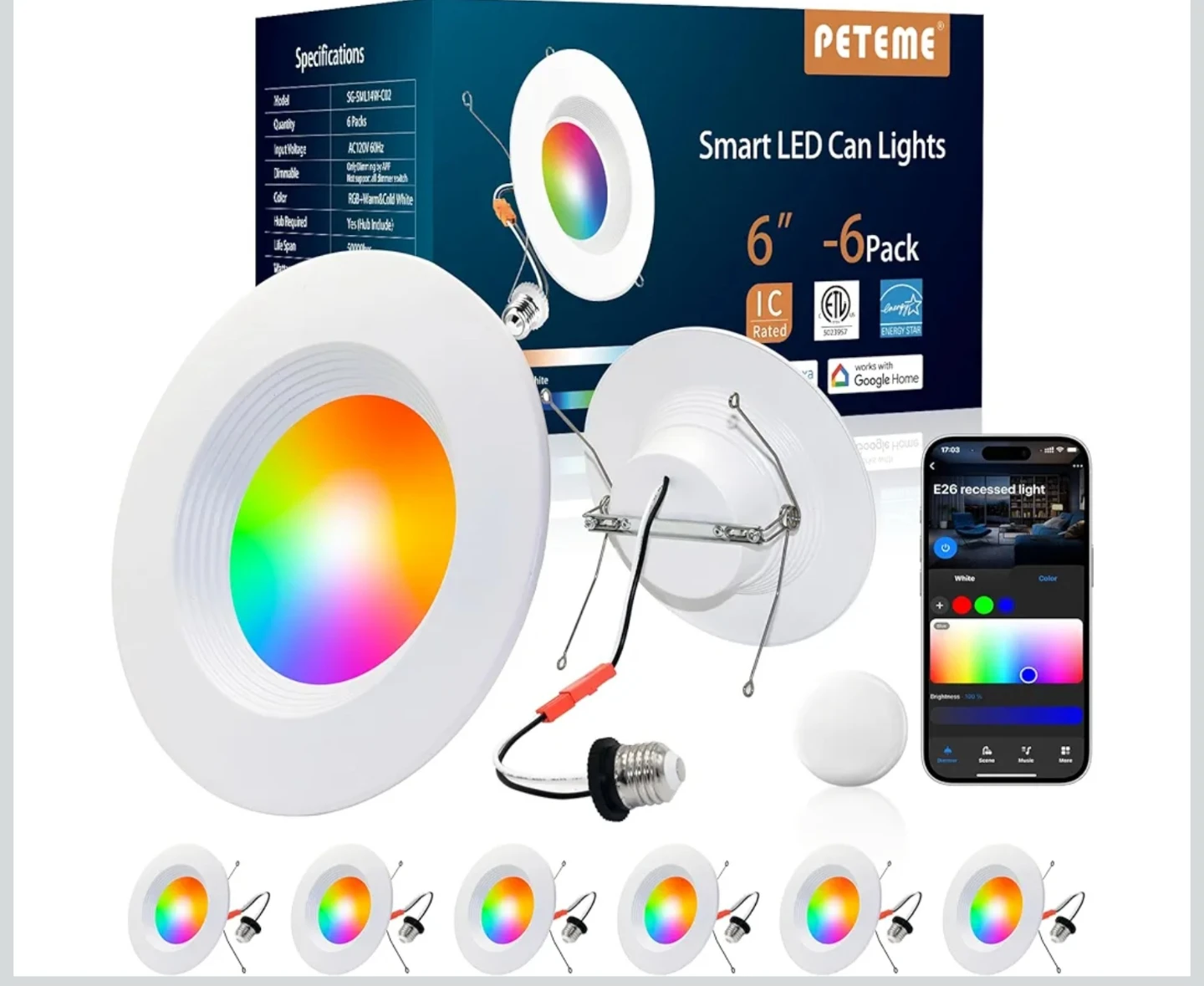 PETEME Smart LED Can Lights - 6" 6-Pack