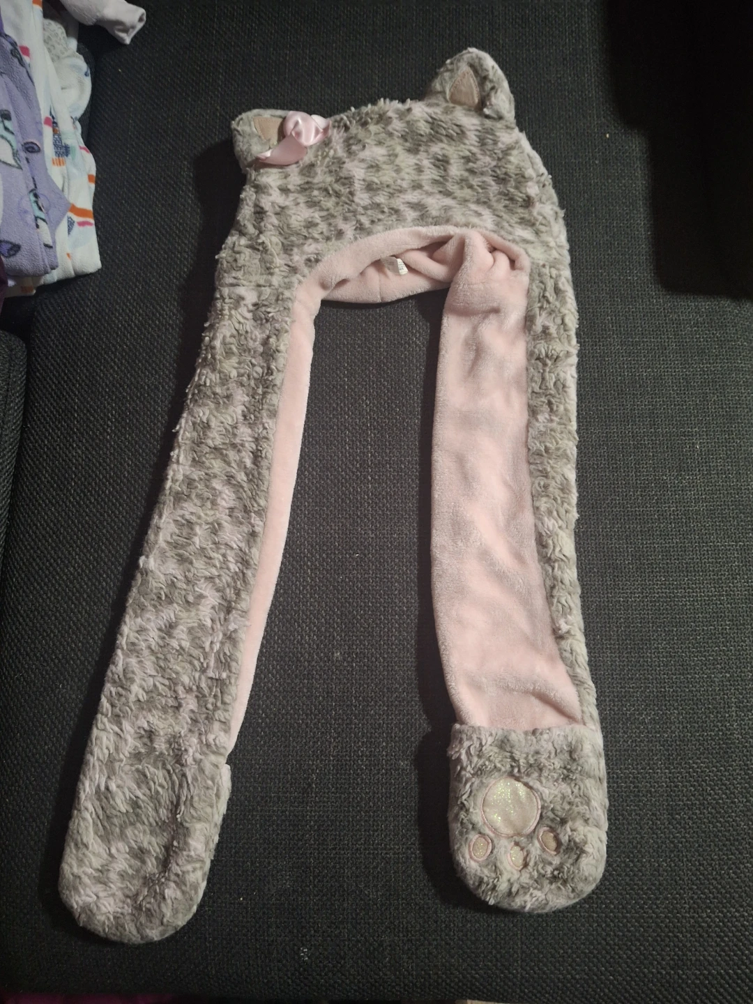 Grey Cat Faux Fur Hood Scarf with Mittens