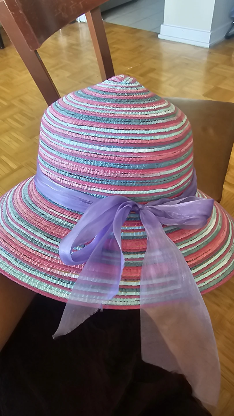 Striped Sun Hat with Purple Ribbon