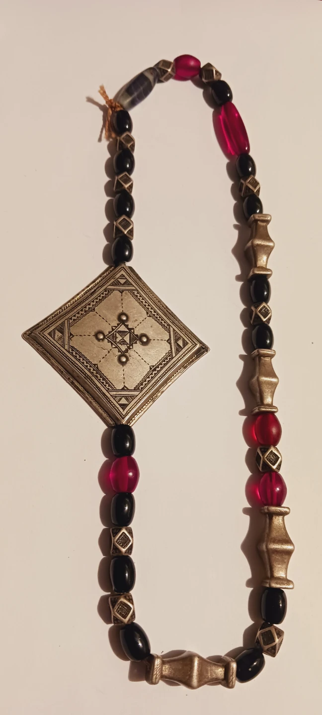 Antique Ethnic Tribal Berber Silver Pendant Beaded Necklace