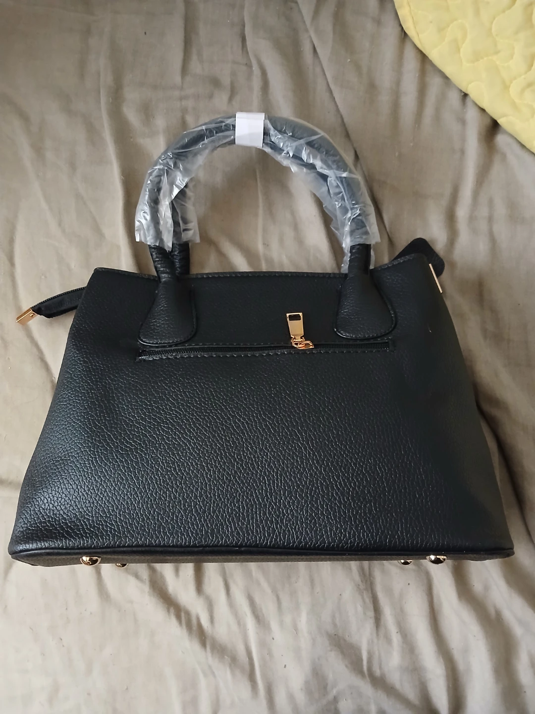 Black Faux Leather Tote Bag With Gold Accents
