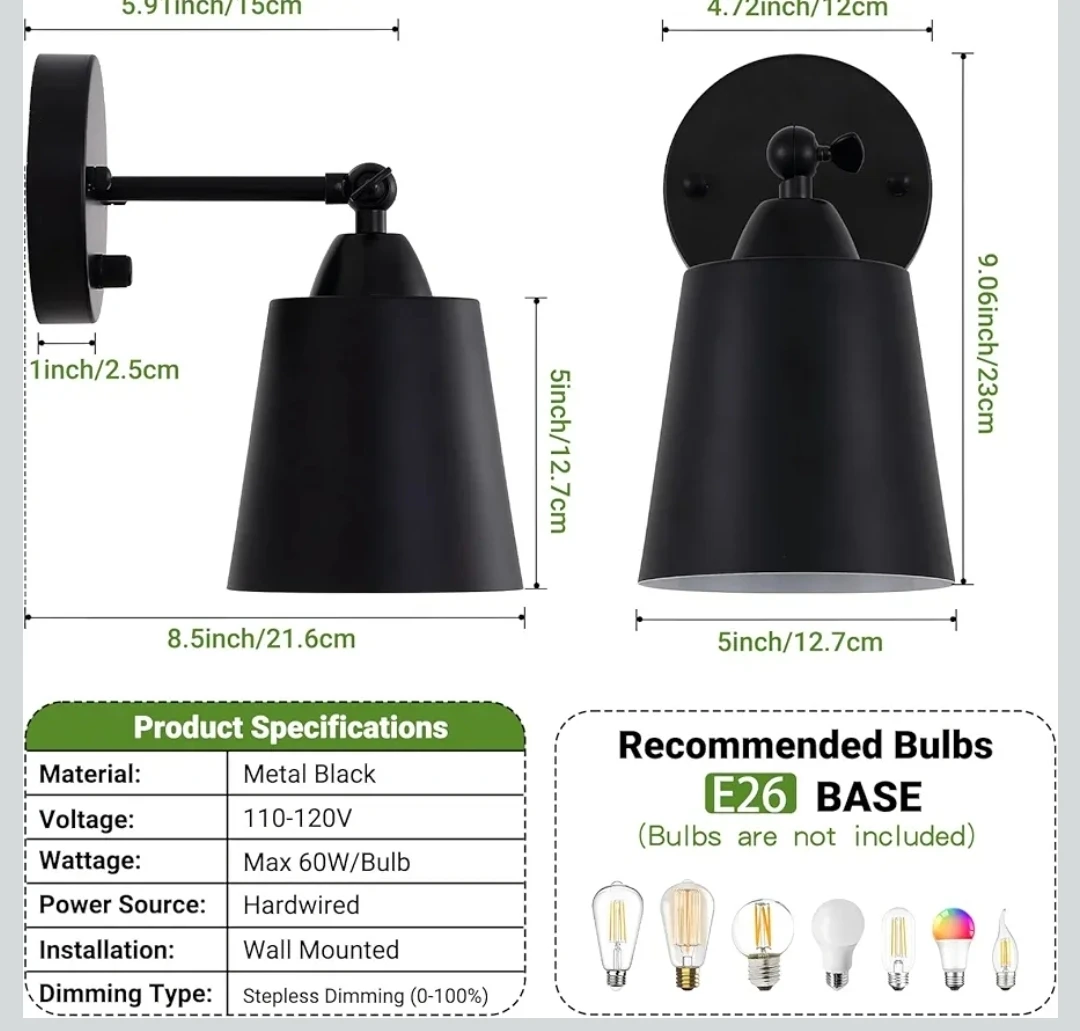 Black Dimmable Wall Sconces Set of 2 - photo 2