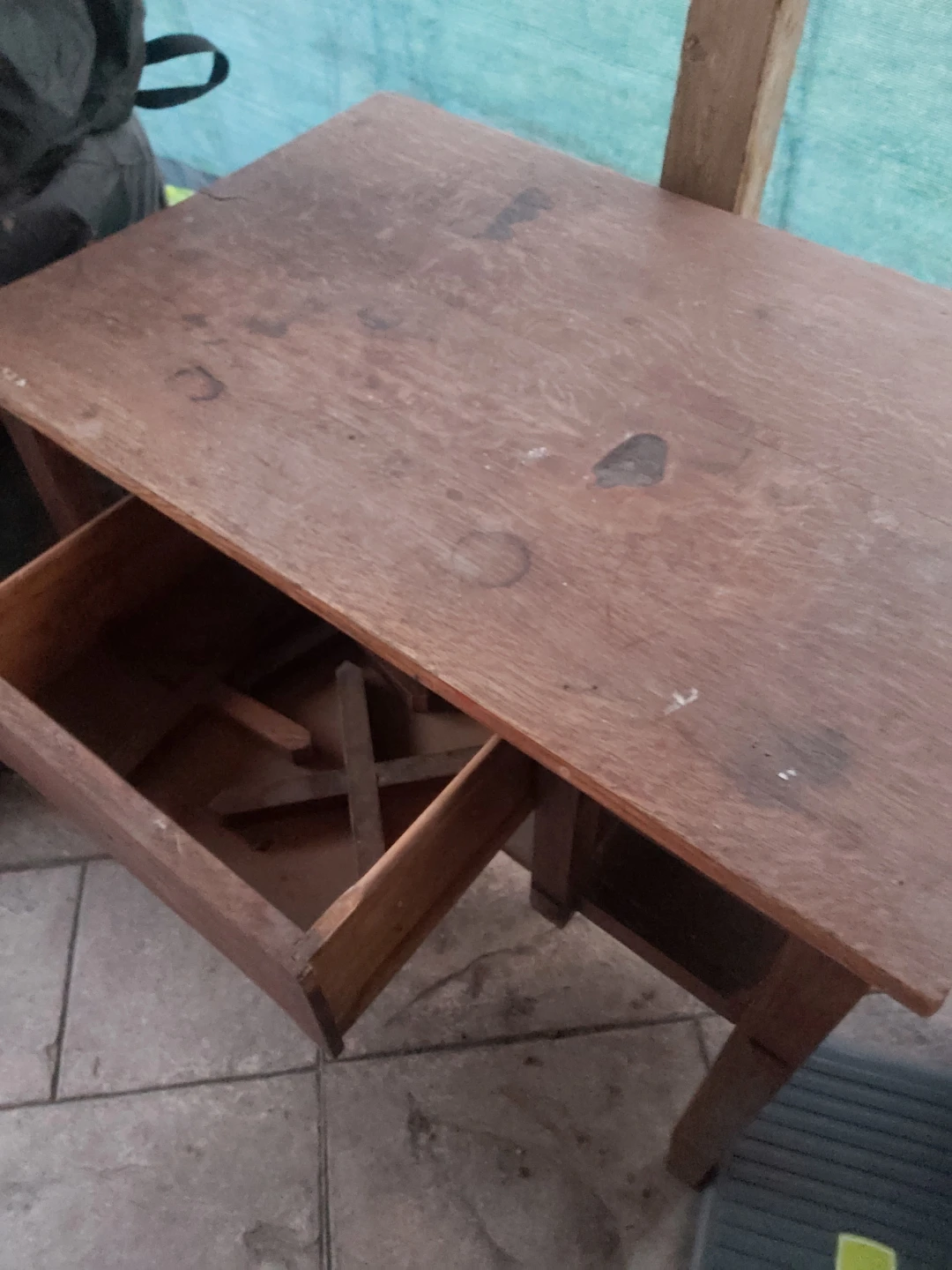 Vintage Wooden Table with Drawer and Shelves