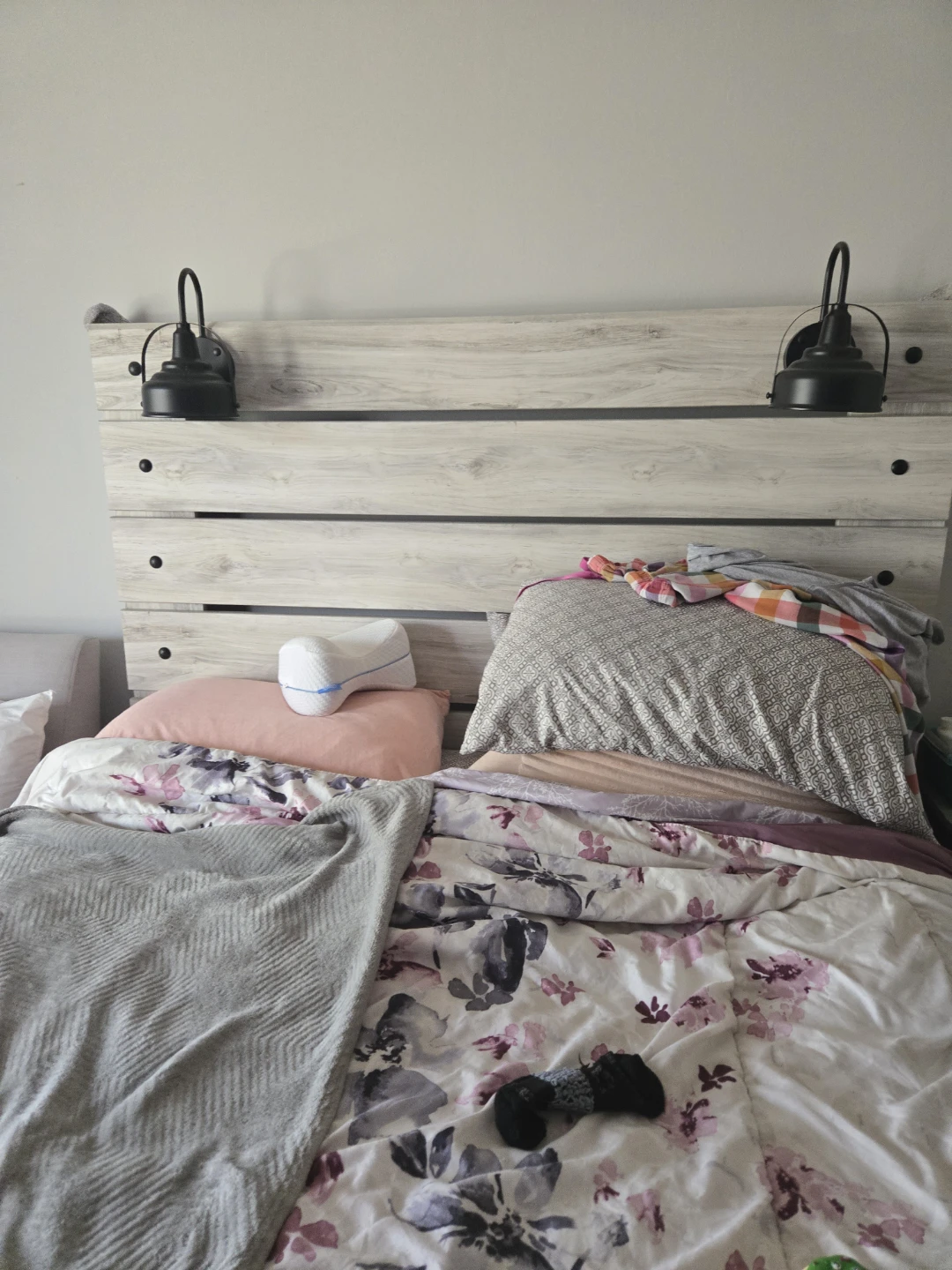 Wood Plank Headboard with Wall Sconces