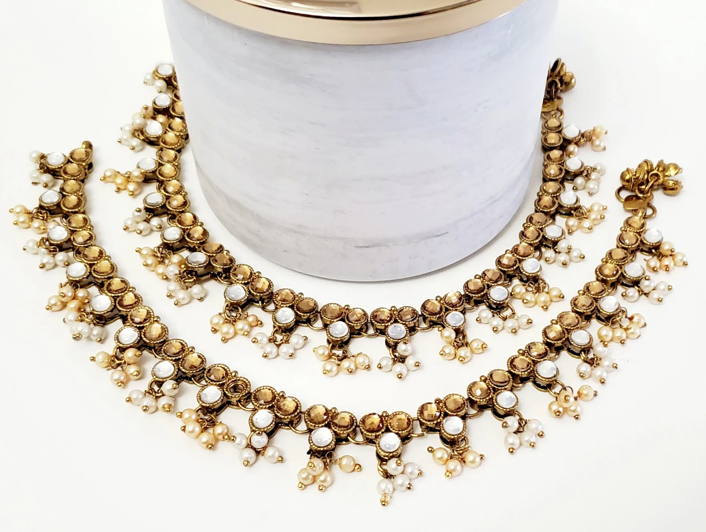Gold-tone Anklets with White & Pearl Beads