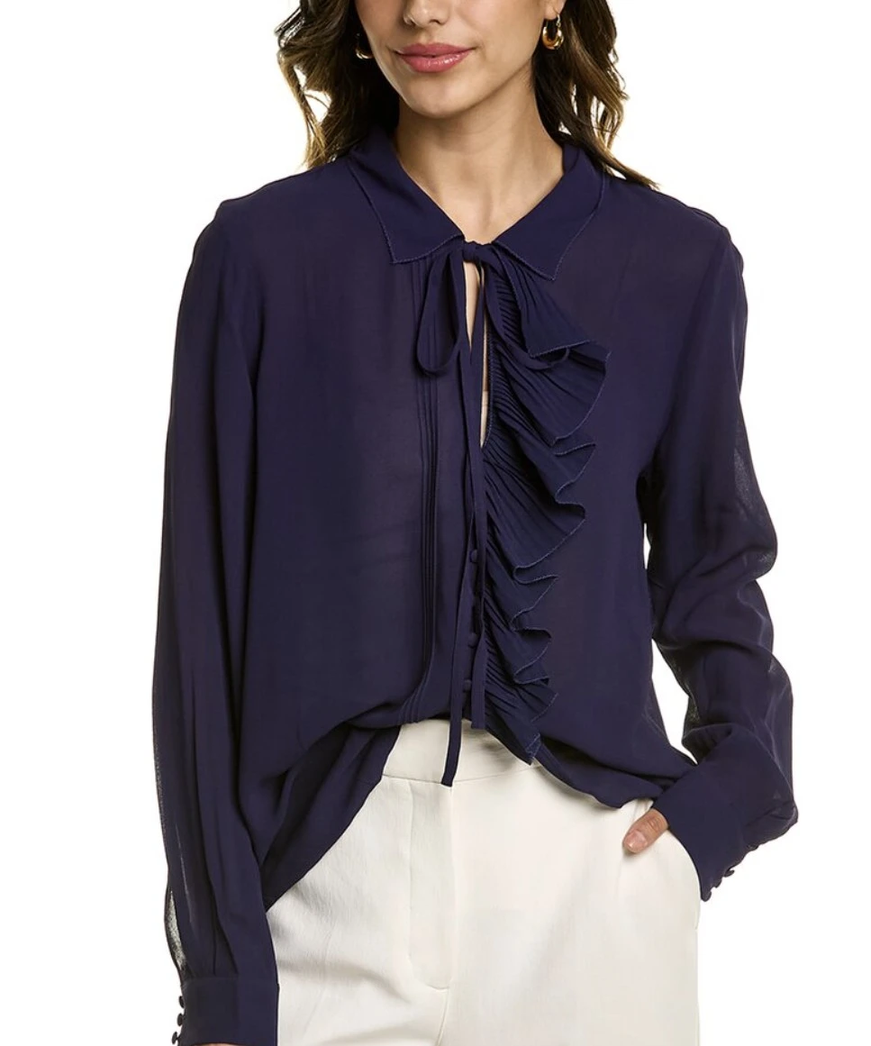 Ted Baker Navy Blue Ruffled Tie-Neck Blouse