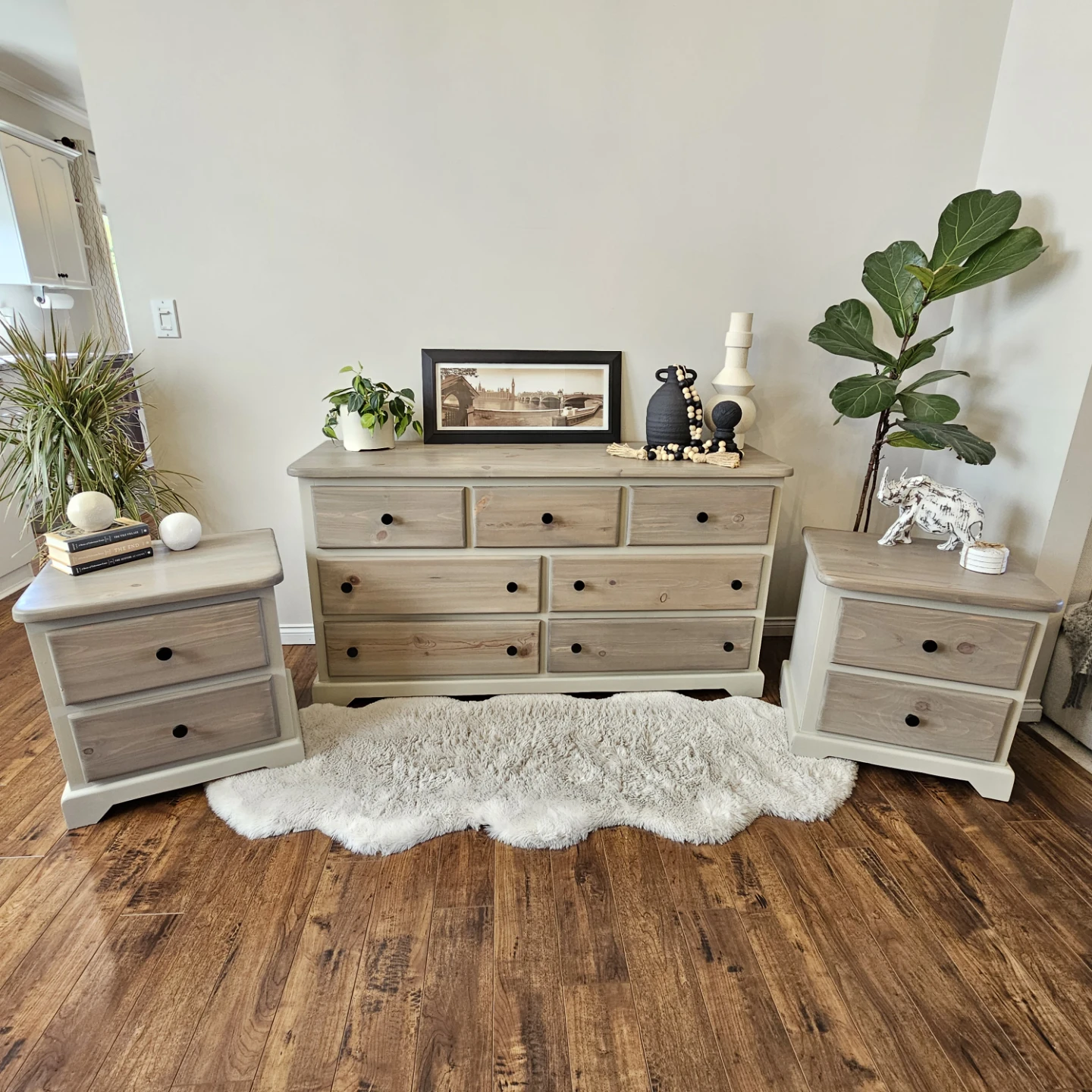 Refinished Solid Pine Dresser and Nightstands Set