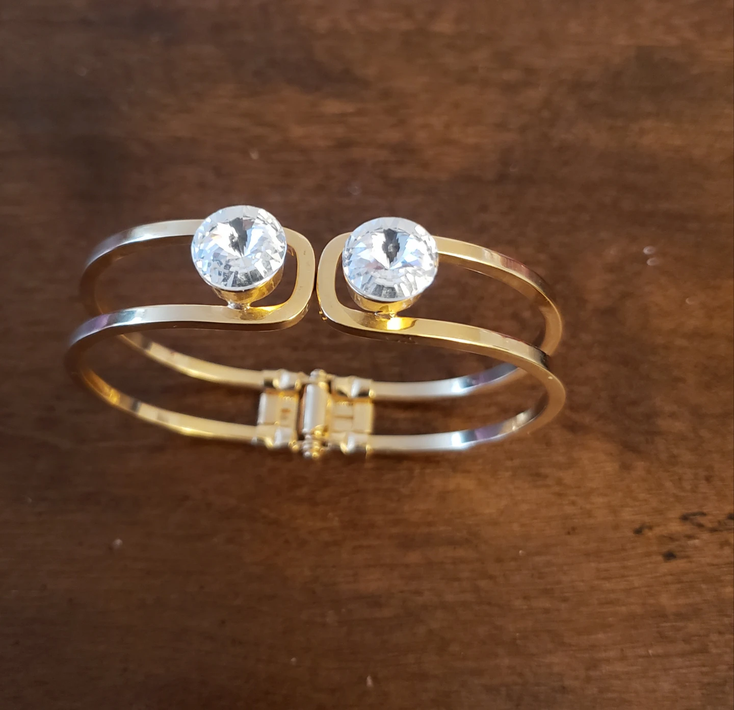 Gold Tone Cuff Bracelet with Two Clear Stones - photo 2
