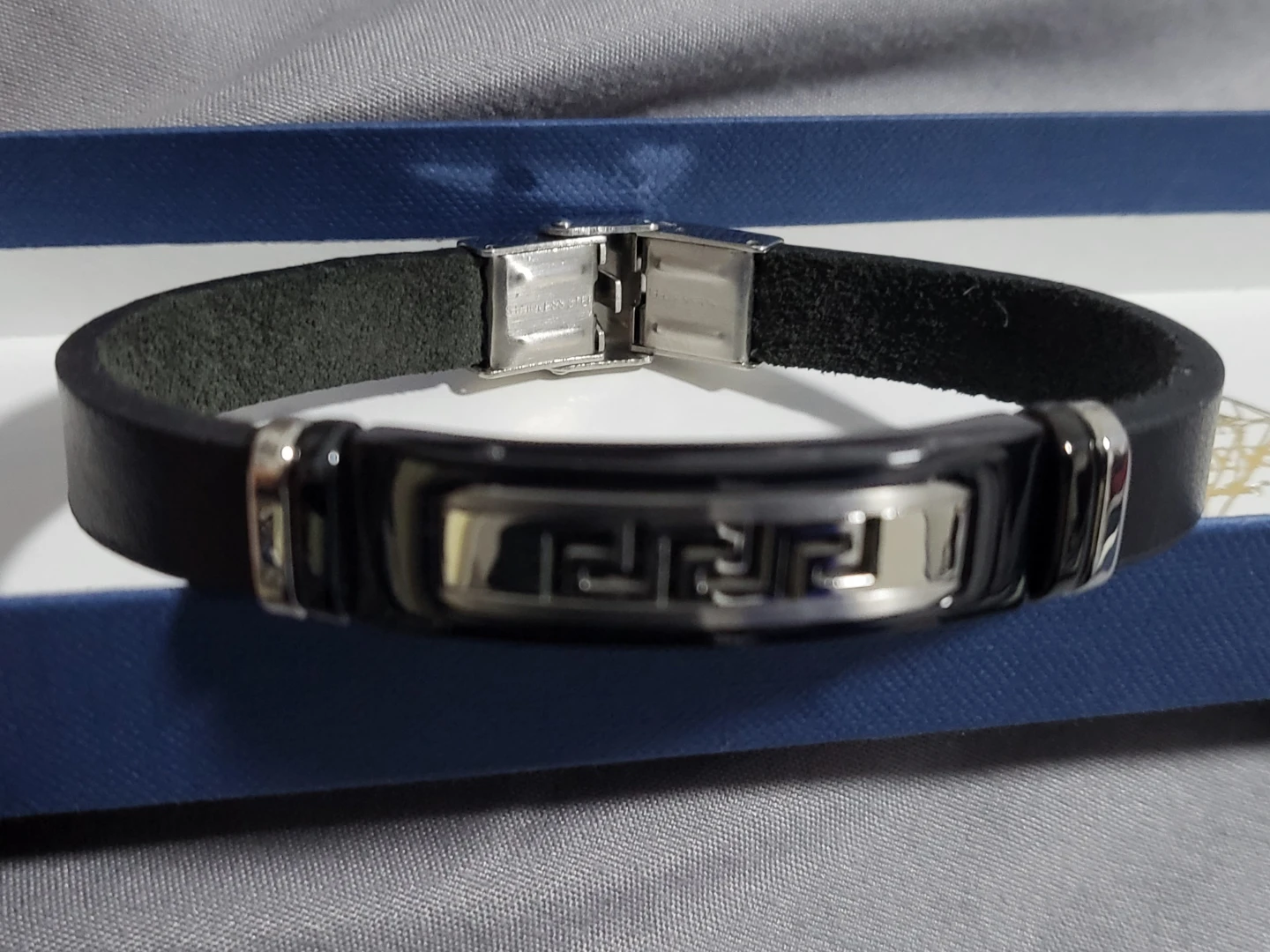Black Leather Bracelet with Silver-Tone Greek Key Design - photo 2