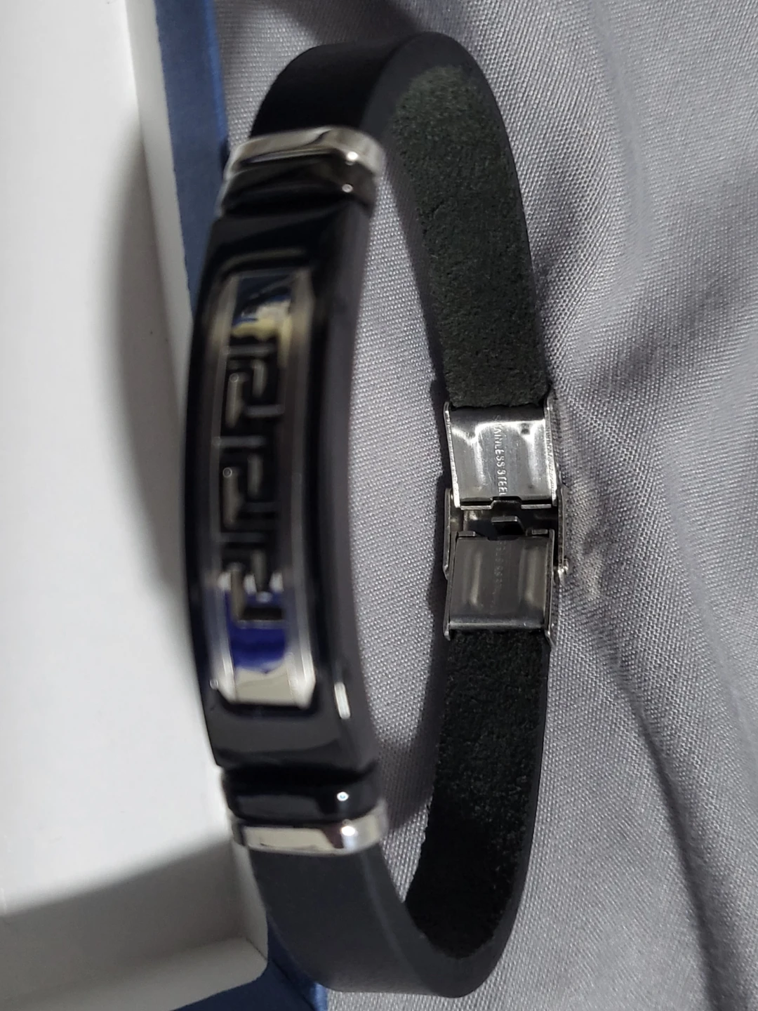 Black Leather Bracelet with Silver-Tone Greek Key Design - photo 3