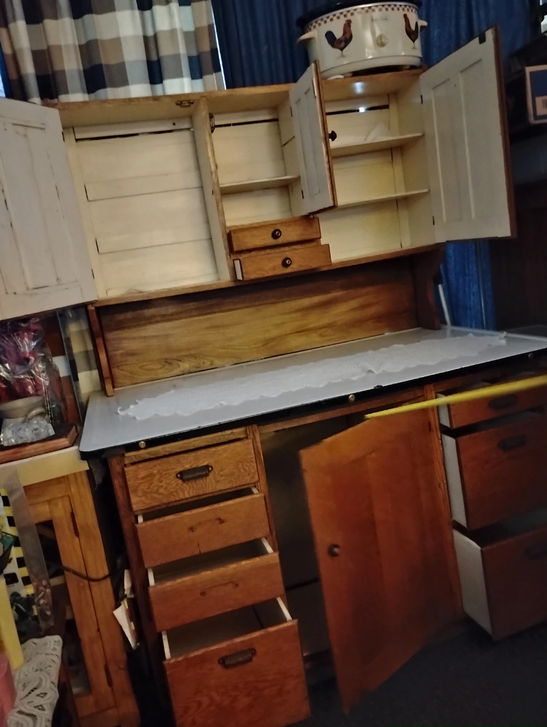 Antique Oak Kitchen Cabinet with Enamel Top