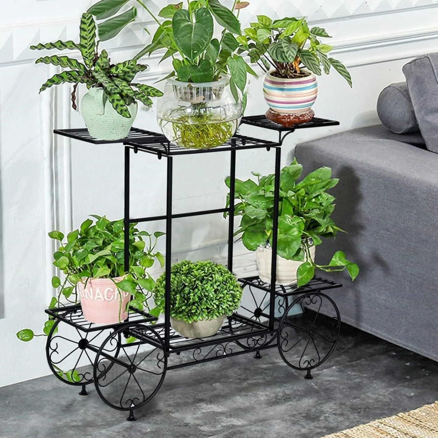 Black Metal Plant Stand with Wheels - photo 4