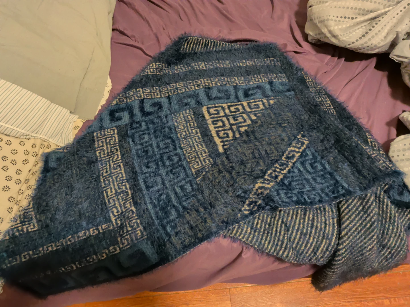 Blue and Tan Geometric Pattern Fuzzy Poncho