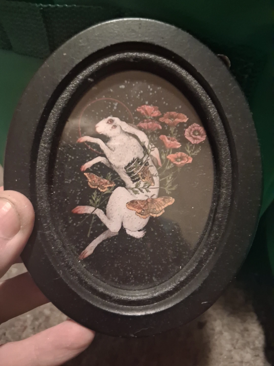 Oval Framed Artwork with Rabbit and Poppies
