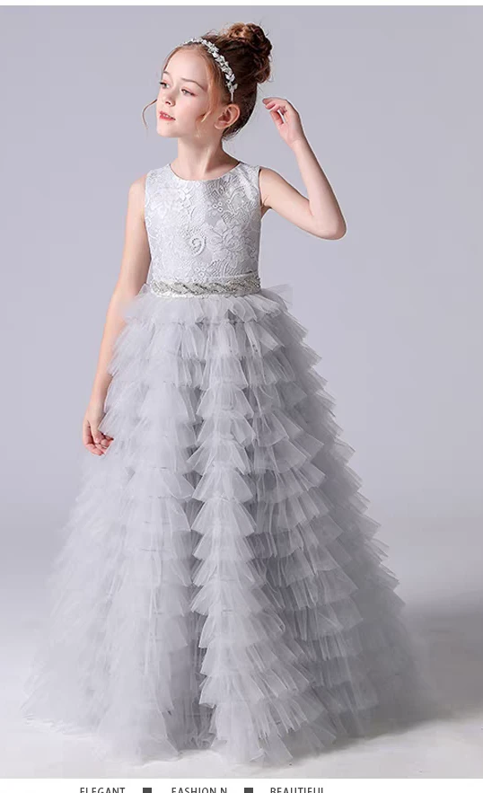 Girls' Formal Gown - Silver Lace Tulle Dress