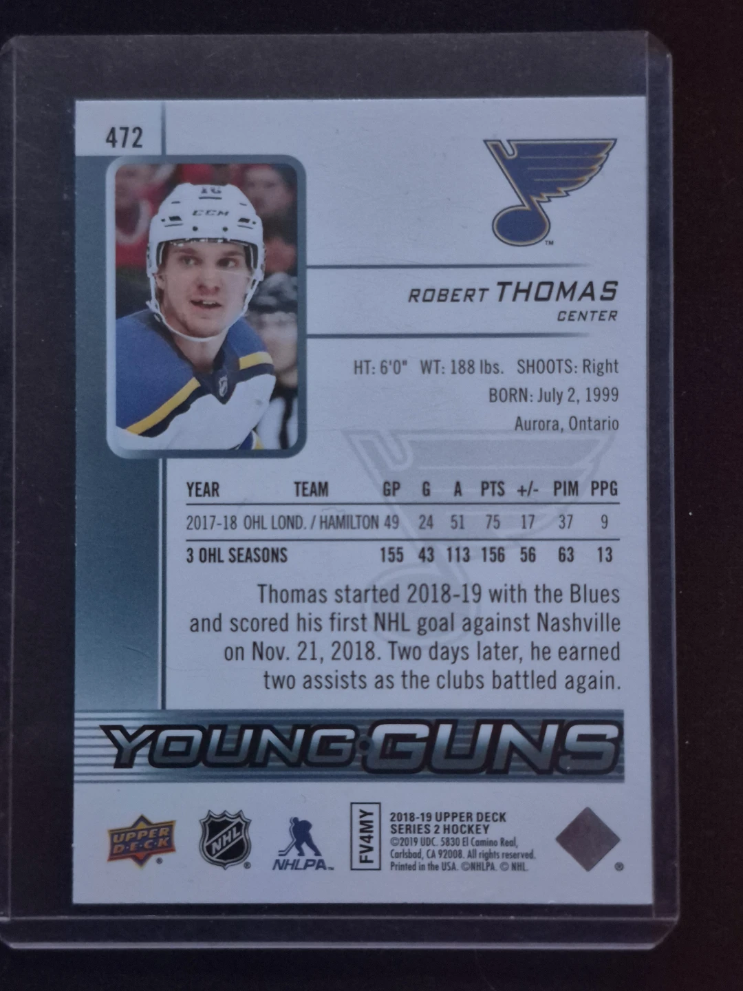 2018-19 Upper Deck Robert Thomas Young Guns Hockey Card - photo 2