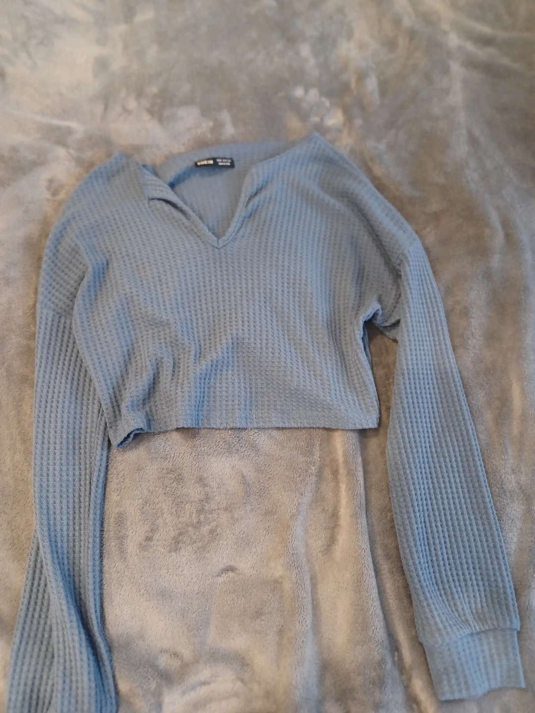 SHEIN Blue Waffle Knit Cropped Collared Shirt Size M