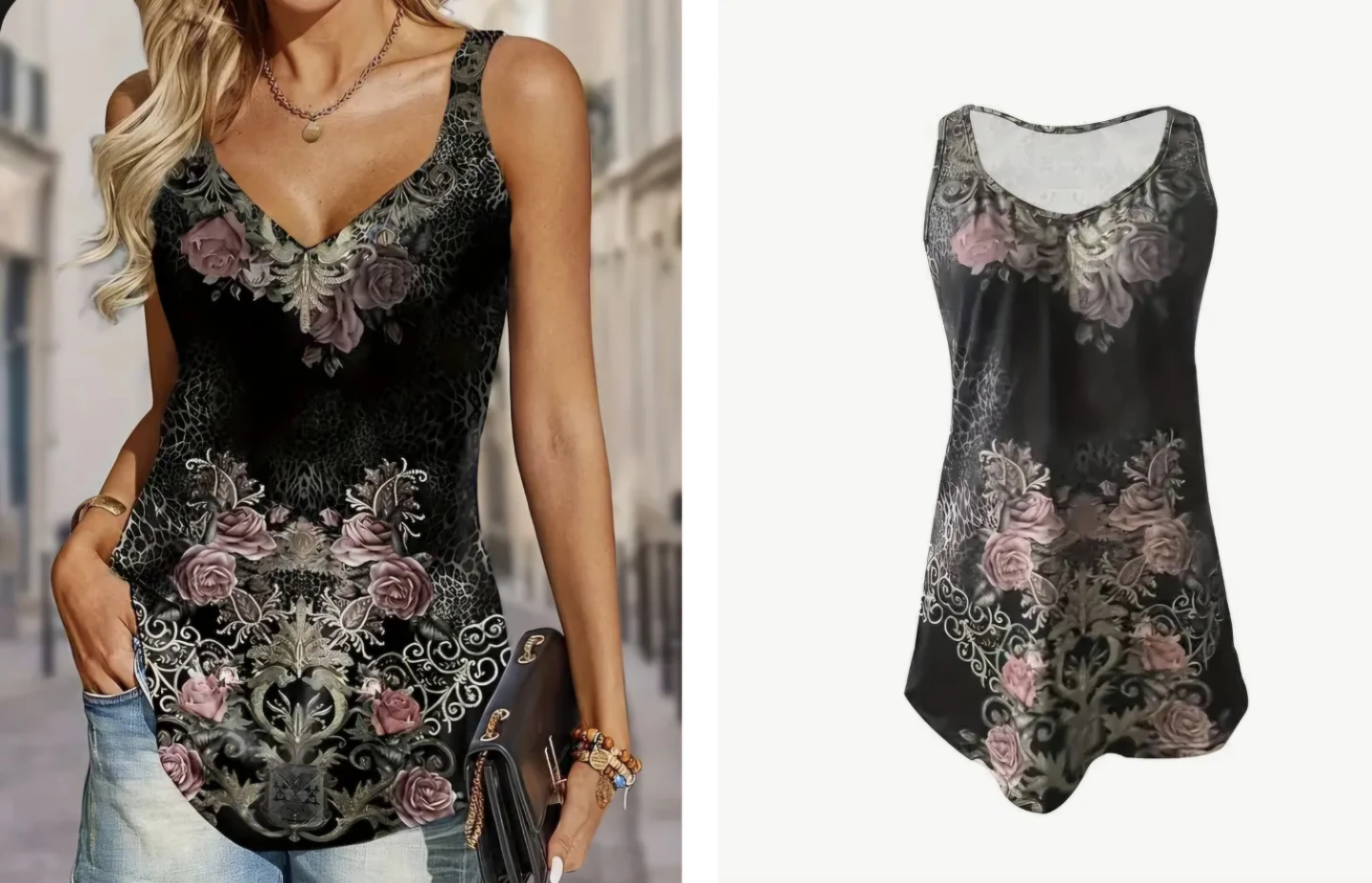 Black floral print V-neck tank top - photo 4
