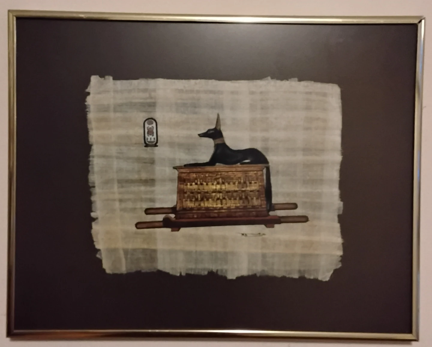 Framed Egyptian Papyrus Art with Birds and Anubis Figure - photo 3