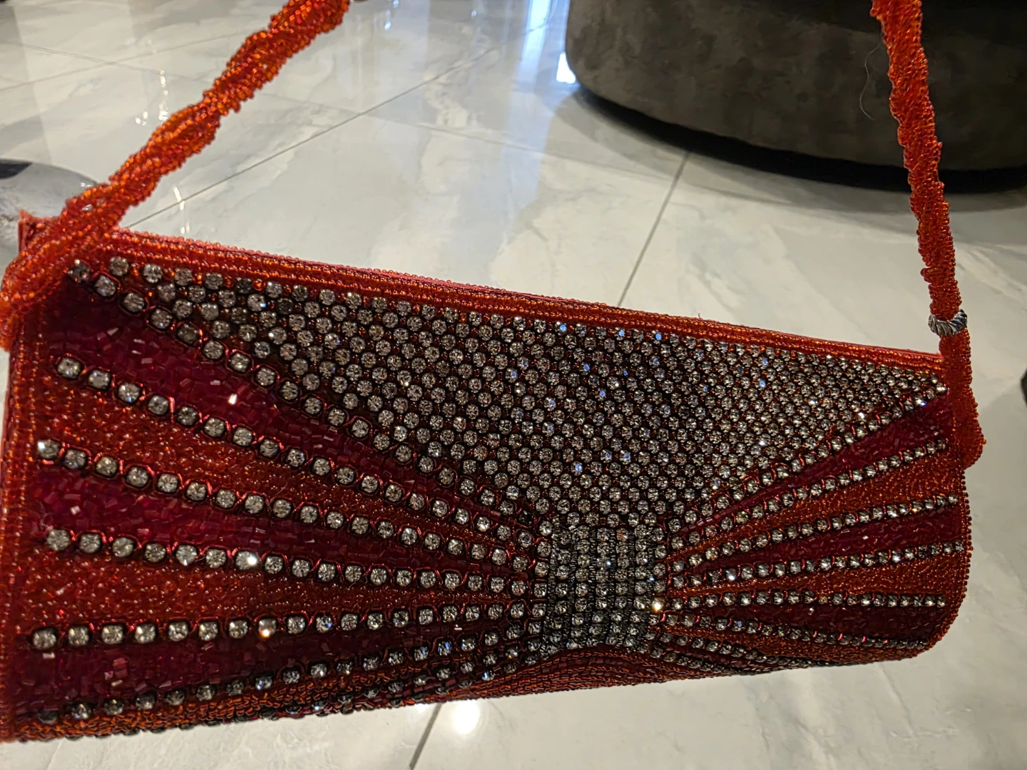 Red Beaded Clutch Evening Bag with Rhinestones