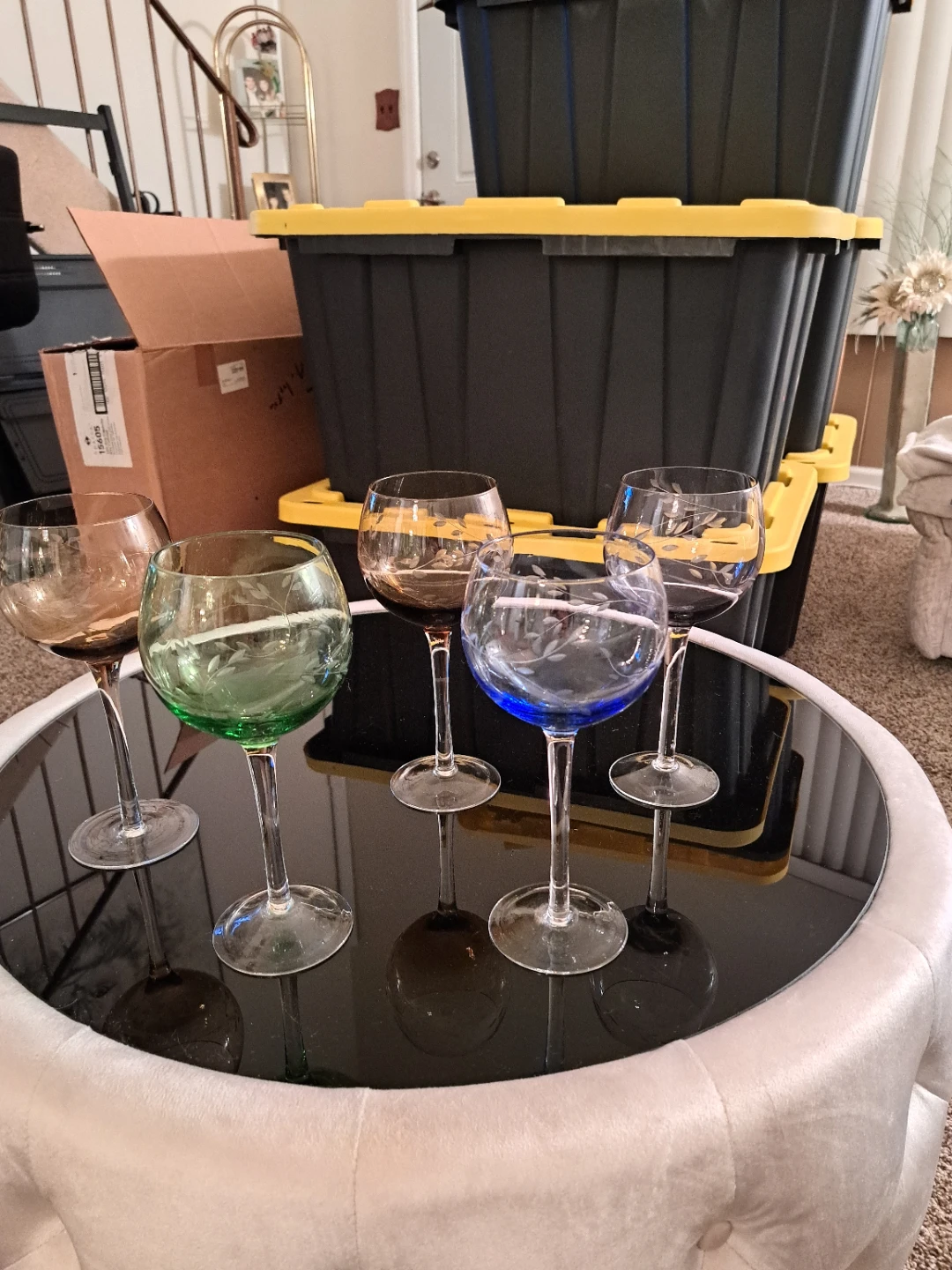 Set of 5 Colored Wine Glasses with Etched Design