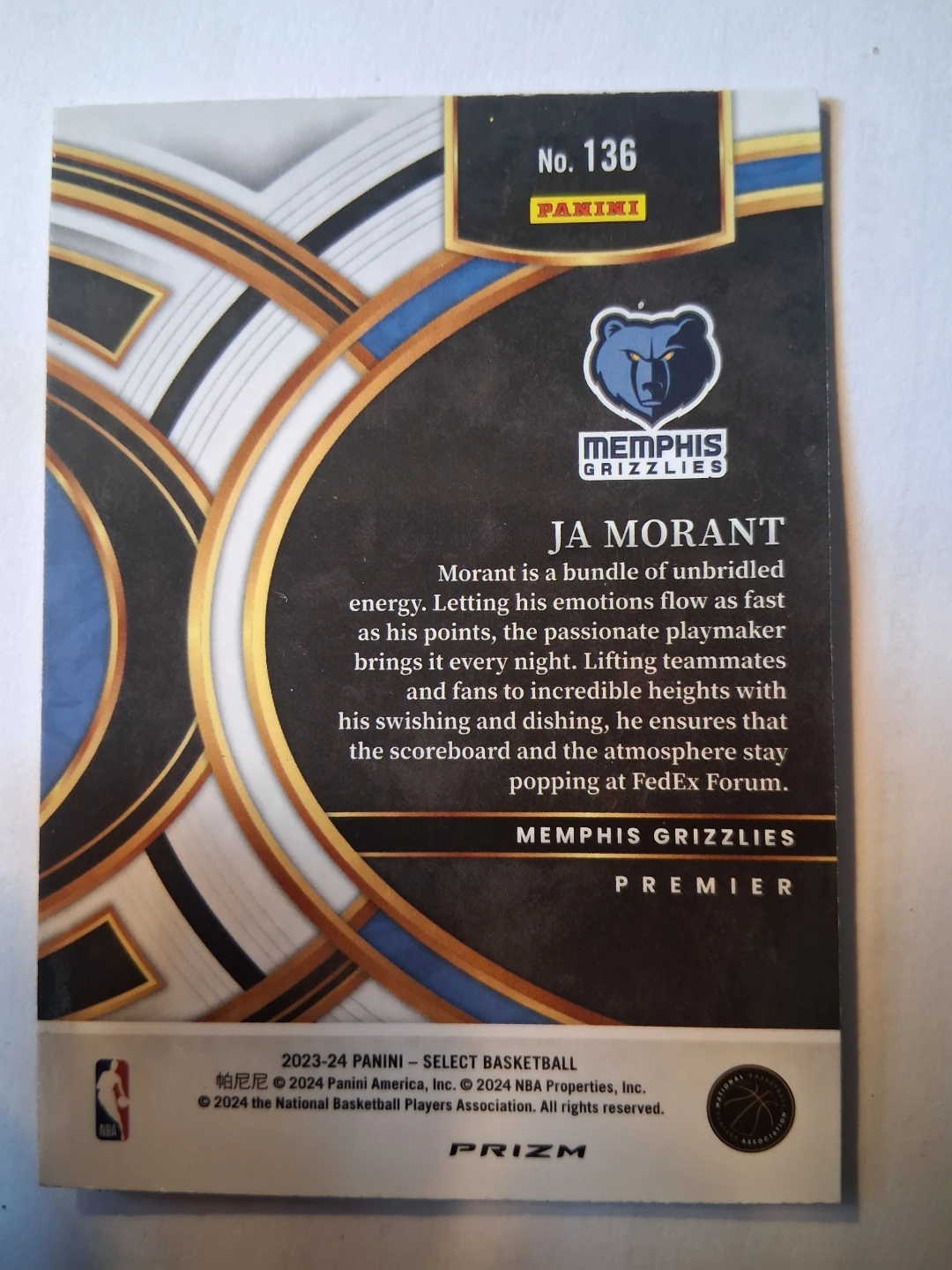 2023-24 Panini Select Basketball Ja Morant silver prism Card - photo 2