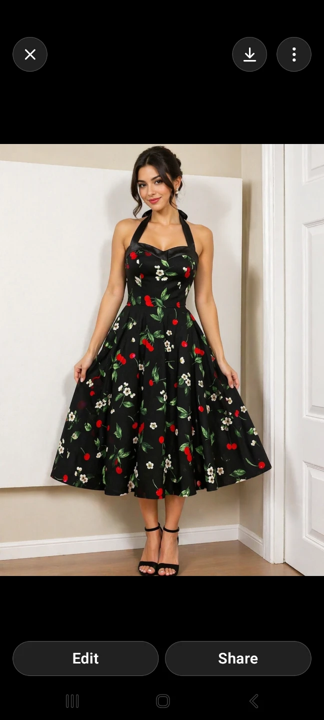 Black Cherry Print Halter Neck Dress