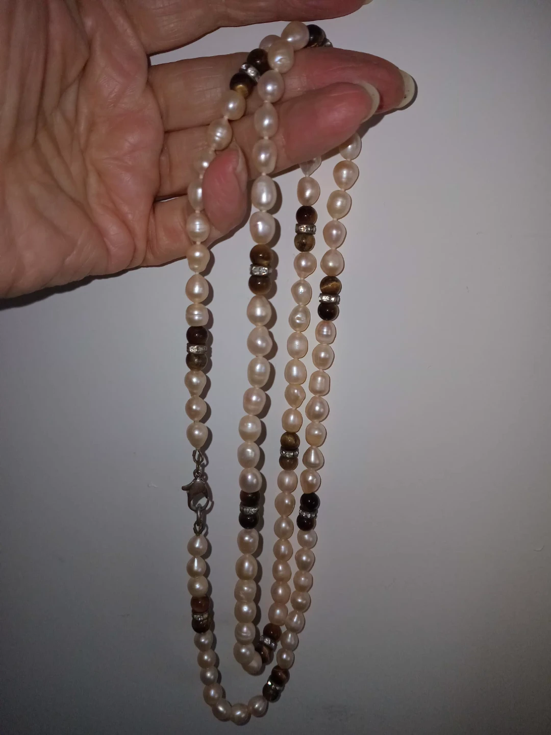 Pearl and Tiger's Eye Beaded Necklace and Earrings Set